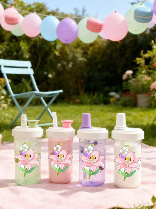 1 pieza Botella de agua transparente a prueba de fugas con diseño floral de color macaron, 500ML, taza de té de leche de plástico ligera y duradera, diseño floral lindo y hermoso, resistente a altas temperaturas para té de frutas, en múltiples colores, adecuada para hombres y mujeres, apta para viajes, campamentos, citas, trabajo, equipaje de mano, regalos de moda, cumpleaños, Día de la Madre, ceremonias de graduación, equipo de hidratación deportiva, regalos de Navidad