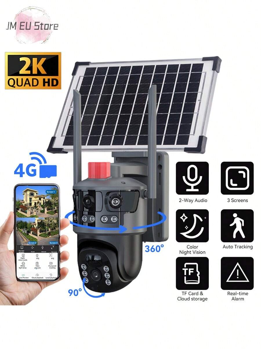 Telecamera di sorveglianza esterna a energia solare a 360° con triplo obiettivo, audio bidirezionale, grado di protezione IP65 (impermeabile), ideale per il monitoraggio di proprietà, laghetti, case e grandi tenute.
