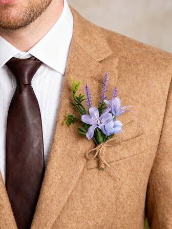 1 boutonniere i lila - konstgjorda blommor med tema för brudgummen, med lavendel och gröna blad, dekorerade med hamparep, för bröllop, fest, bal