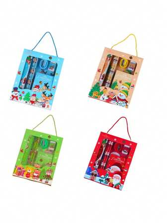 4pcs Christmas Stationery Gift Set, Cute Cartoon Design - Includes Pencils, Erasers, Pencil Sharpeners, Sticky Notes, Rulers And School Supplies - Holiday, Festive