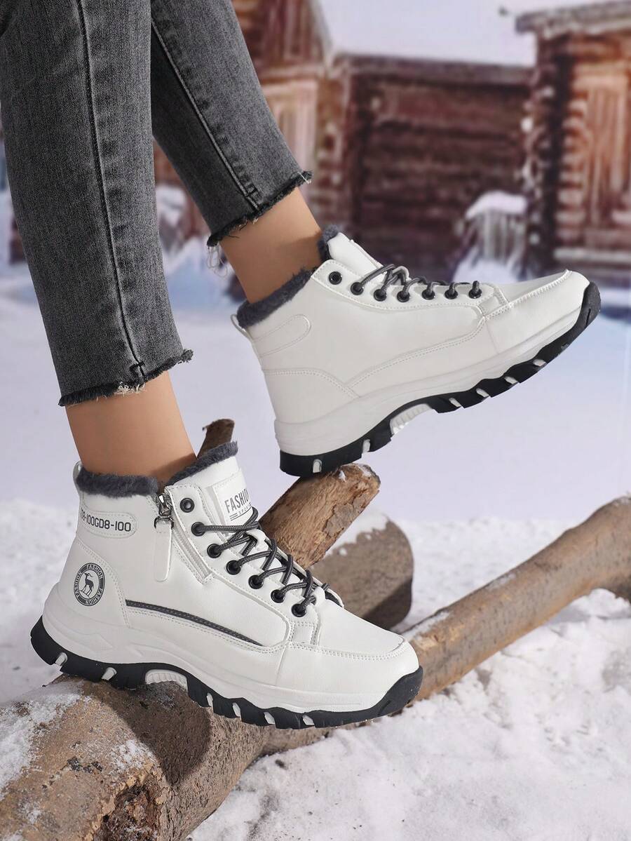 Botas de neve brancas femininas para o inverno, com sola de borracha antiderrapante, forro térmico, ideais para clima frio e neve, com zíper lateral, cano alto e estilo casual, perfeitas para o Halloween e o Natal.