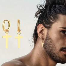 1 Pair Vintage Stainless Steel Cross Pendant Hoop Earrings, Suitable For Daily Wear - Earring - View 2