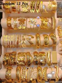 Vintage Elegant Exaggerated Wide Coin Design Random 25/20/16/12/9/6/3pcs Metal Element Bling Rhinestone Faux Pearl Flower Twist Geometric Irregular Smooth Multi-Piece Bracelet & Bangle Set, Suitable For Women & Men, Ideal For Vacation, Party, Date, Gift, Daily Wear, Holidays (Random Styles) - Yellow Gold - View 17