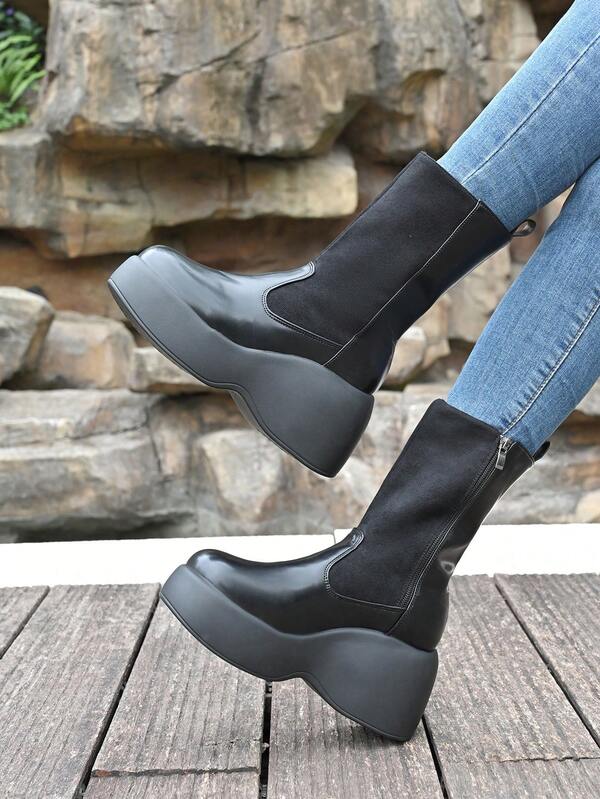 Women's Black New Fashion Round Toe Platform Wedge Heel Side Zipper Fabric & PU Mixed Material One-Piece Slip-On Short Boots, Suitable For Spring/Autumn Outdoor Casual, Festivals, Street , Versatile Mid-Calf Boots