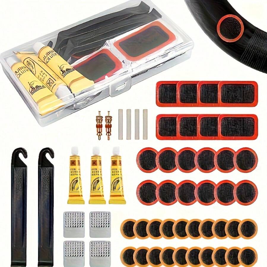高品质自行车轮胎修理工具套装：耐用硫化补片和砂纸刀片，适用于快速修补所有自行车、摩托车、山地车和公路车的轮胎穿孔。摩托车轮胎修理套装，便携式工具组，易于使用的补片，坚固耐用，高品质补片，维护工具，轮胎修补套装，摩托车骑行者，自行车骑行者 - 彩色 - 查看 1