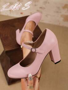 女士优雅时尚系带圆头粗跟超高跟玛丽珍鞋，搭扣设计方便穿脱，适合派对/婚礼/圣诞节/通勤/春秋季等场合，粉色高跟鞋，舒适女鞋，商务礼仪，度假，女士正装鞋 - 粉色 - 查看 2