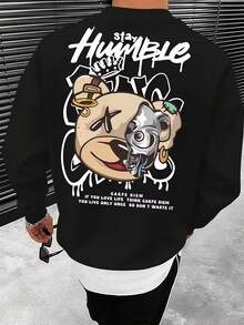 男士朋克熊图案印花圆领套头卫衣，街头时尚，春秋季 - 黑色 - 查看 1