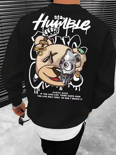 男士朋克熊图案印花圆领套头卫衣，街头时尚，春秋季