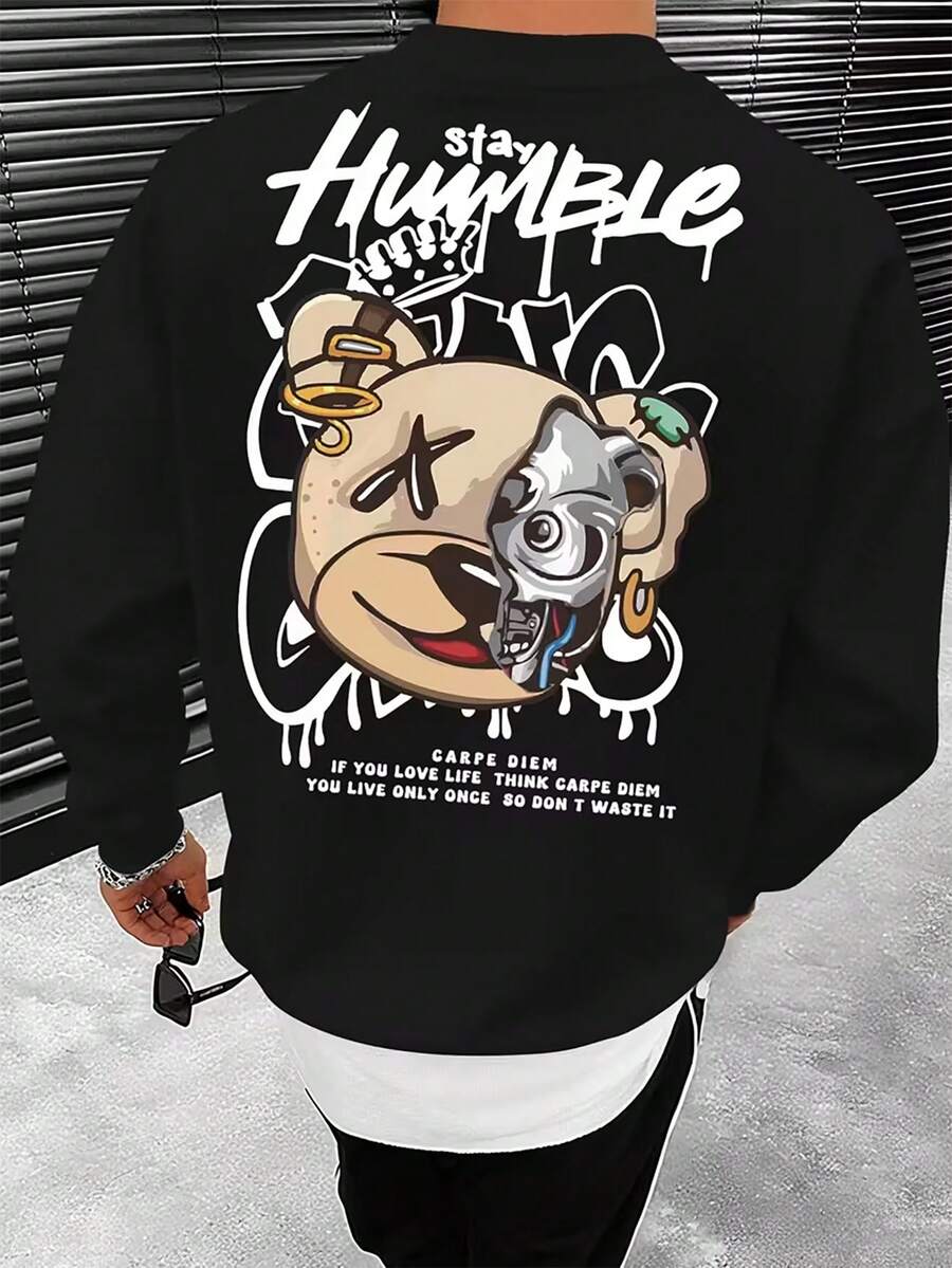 男士朋克熊图案印花圆领套头卫衣，街头时尚，春秋季 - 黑色 - 查看 1