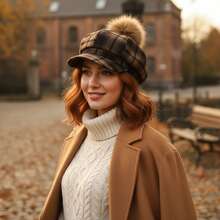 Vintage Octagonal Hat Plaid Beret Autumn And Winter Plush Ball Decor Newsboy Hat For Women - 紅棕色 - 查看 6