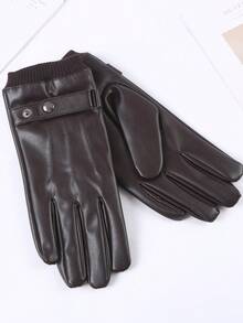 1 Pair Men's Solid Color PU Leather Full Finger Touchscreen Gloves, Fashionable Ribbed Cuff Warm Gloves, Waterproof Windproof Thermal Lined Outdoor Sports Driving Gloves