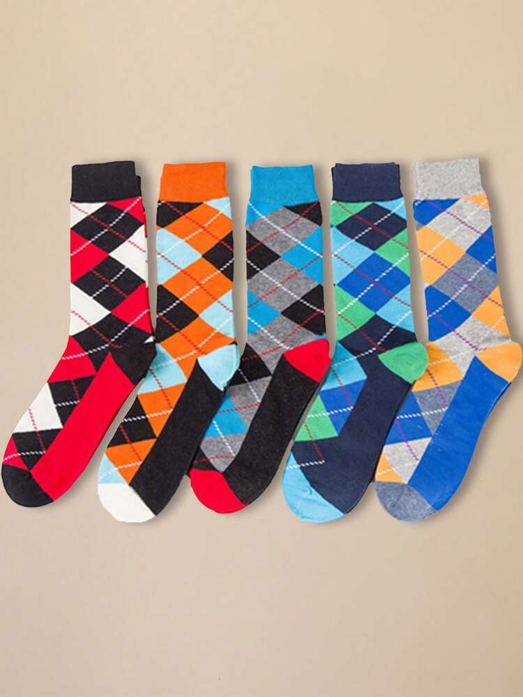 5 Pairs Men's Diamond Pattern Socks, Fashionable Autumn/Winter New Style, Plaid Casual Couple Socks, Soft Home & Student Socks - Multicolor - View 2