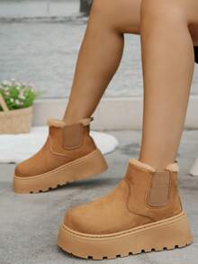 2025 Winter New Thick Thermal Lined Fashion Versatile Solid Color Elastic Chelsea Series Comfortable Soft Warm Anti-Cold Slip-On Snow Boots,Fur Boots - Camel - View 3