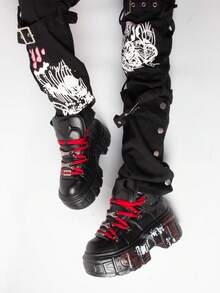 Punk Style Fashion Women's Flat Platform Ankle Boots Black Red High Heels Round Toe Thick Sole Rock Booties Metal Decor Y2k Gothic Halloween Sports Shoes - 黑色 - 查看 8