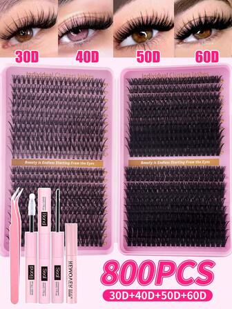 XISHIYO 800pcs D-Curl High Capacity Individual Eyelash Extension Kit (Includes Adhesive, Remover, Tweezers), Soft & Natural Looking Fluffy False Eyelash Strands, DIY Lashes For Daily Wear, Travel, Photography, Party, Wedding & Makeup