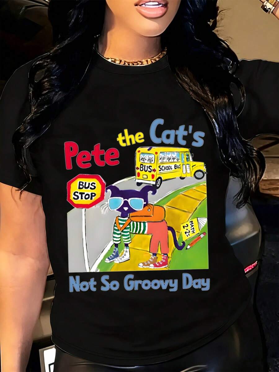 Pete The Cats Not So Groovy Day T Shirt Cartoon School Bus Stop Design Women's Tee - 黑色 - 查看 1