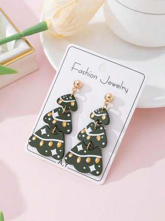 1 Pair Christmas Tree Faux Clay Design Fashion Earrings For Women, Suitable For Holiday Parties And Gifts