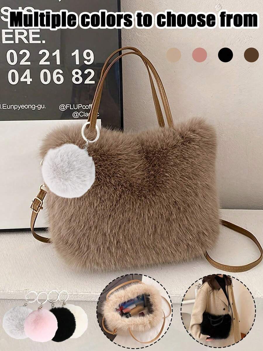轻盈人造毛皮单肩包，配有可调节肩带和毛绒吊坠，磁扣开合，顶部提手设计，可手洗，适合日常出行，Honey Girl风格，人造皮革内衬，女士毛绒斜挎包 - 彩色 - 查看 1
