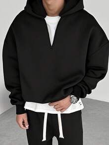 Áo hoodie nam tay dài cổ kéo khóa nửa thân, kiểu dáng thường ngày, thời trang và đa năng cho mùa thu/đông. - màu đen - Xem 1