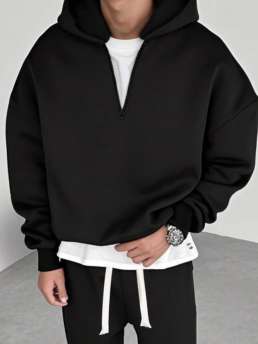 Áo hoodie nam tay dài cổ kéo khóa nửa thân, kiểu dáng thường ngày, thời trang và đa năng cho mùa thu/đông. - màu đen - Xem 1