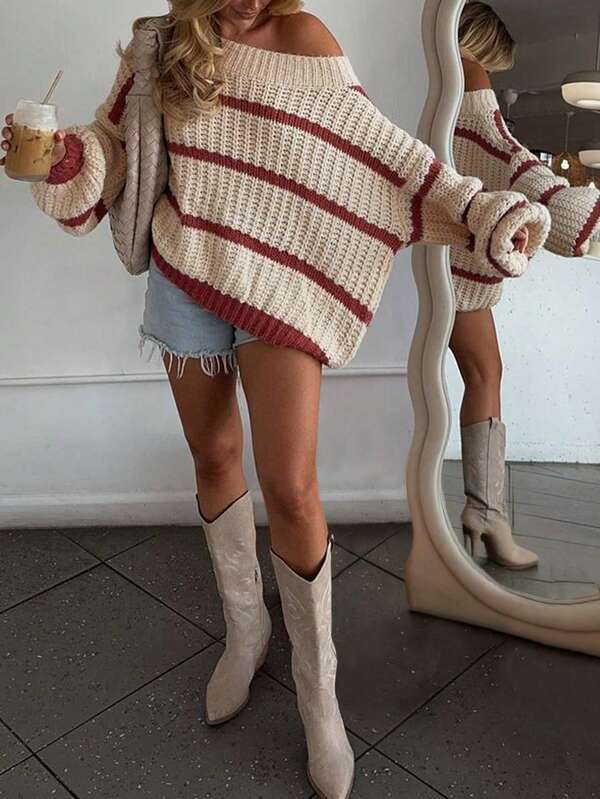 Colorblock Striped Loose Casual Pullover Sweater, Versatile And Comfortable