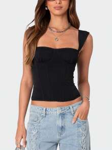 Women Polka Dots Crop Tops Y2k Sleeveless Open Back Slim Fit Solid Color Cropped Tank Tops Aesthetic Backless Cami Tops Summer Cute Going Out Tops Casual Streetwear - 黑色 - 查看 3