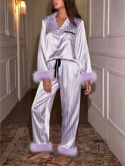 Women's 2 Piece Satin Lounge Set Long Sleeve Lapel Stripe Print Shirt Pants Sleepwear