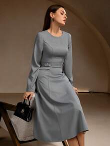 Váy dài tay trơn màu đơn giản thanh lịch dành cho nữ - Thu đông, eo chữ nhật khóa cài (thắt eo), dáng chữ A midi, viền xòe, phù hợp mặc hàng ngày, công sở và dự lễ tốt nghiệp - Màu Xám nhạt - Xem 3