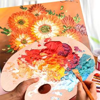 1个椭圆形木质油画调色盘，艺术画板，水彩调色盘，便携式人体工学手持调色盘，表面光滑，适用于丙烯、油画、水彩颜料混合，是工作室、户外写生、教室、工艺工作坊、艺术礼品创意、节日创意项目（包括万圣节、感恩节、圣诞节、派对装饰和季节性DIY手工制作）的理想之选，专业业余爱好者和初学者均可轻松使用，轻便易携。