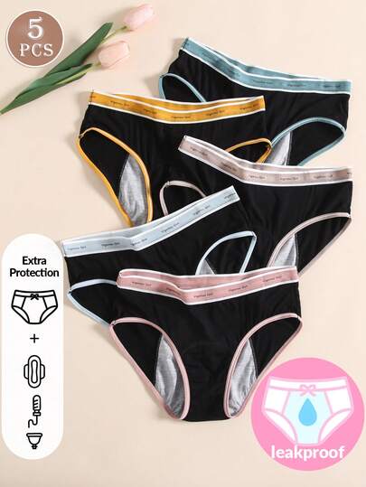 5 piezas/paquete Bragas antifugas para el período de las mujeres, ropa interior elástica de cintura alta y absorbente y sexy para la menstruación