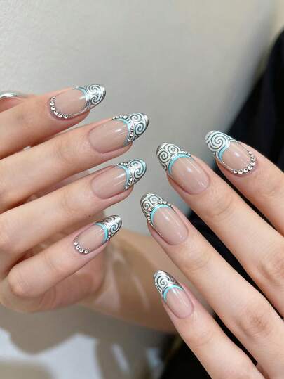 24 pezzi di unghie finte francesi autunnali in stile Y2K, colore rosa polveroso, forma ovale media, con effetto ombré, glitter, geometrie, strisce, punti rotondi e motivi 3D con brillantini, lucidi e riutilizzabili, con 24 pezzi di linguette in gel e una mini lima inclusi