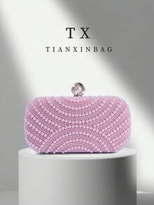 粉色珍珠晚宴手拿包，优雅订婚手提包，搭配旗袍，配有金属链，适合派对、婚礼、舞会、宴会，完美搭配女士毕业礼服、舞会配饰、亮片连衣裙、闪亮连衣裙、女士优雅连衣裙。 - 粉色 - 查看 1