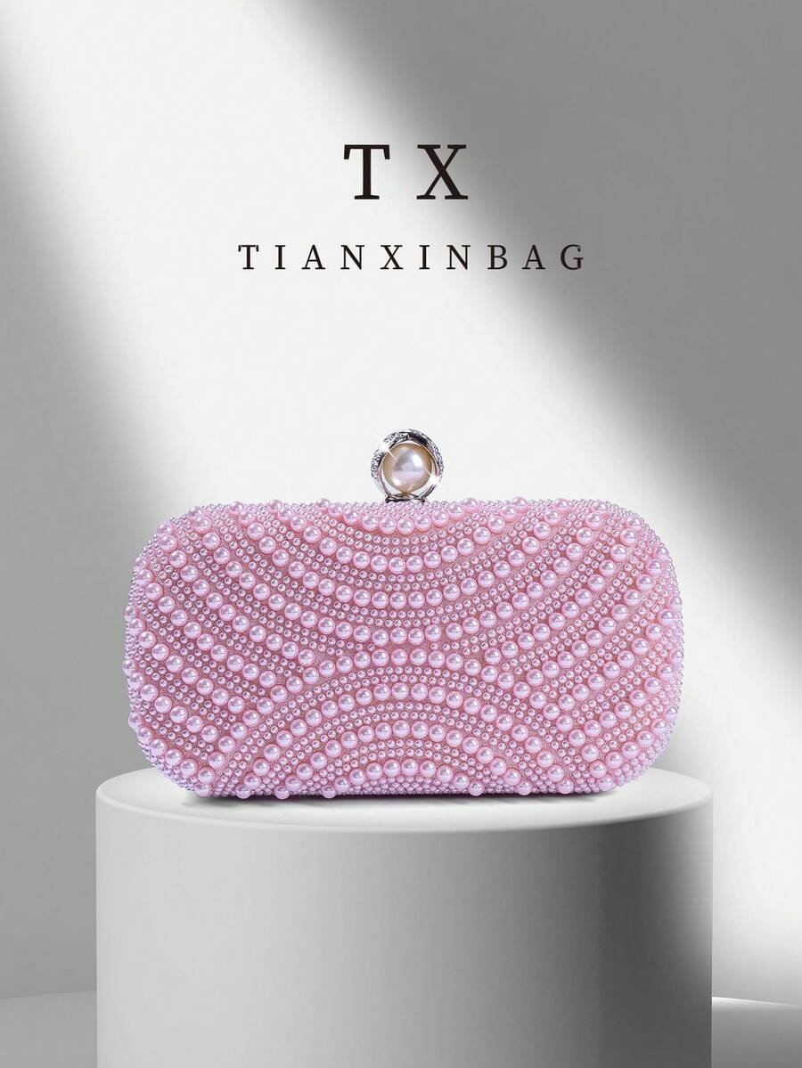 粉色珍珠晚宴手拿包，优雅订婚手提包，搭配旗袍，配有金属链，适合派对、婚礼、舞会、宴会，完美搭配女士毕业礼服、舞会配饰、亮片连衣裙、闪亮连衣裙、女士优雅连衣裙。 - 粉色 - 查看 1