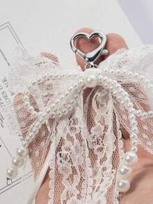 1pc Korean Style Elegant Double-Layer Lace Bow & Faux Pearl Keychain, Sweet Ribbon Bag Charm