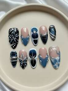 Nail Makeover - 10片秋冬中長杏仁形手工穿戴式美甲片，藍色漸層圓點法式美甲，飾有手繪花朵與水滴形銀色3D浮雕、鏈條、仿珍珠及銀色珠飾3D裝飾，可拆卸且可重複使用（含美甲膠與美甲搓棒）- 美白哥德風優雅可愛聖誕美甲 - 藍色 - 查看 5