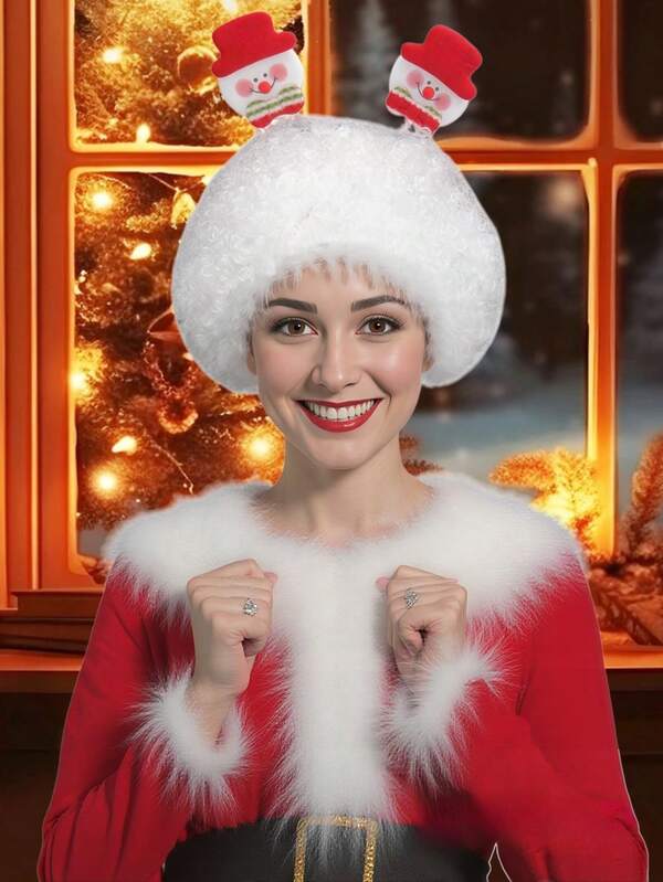 Festive White Curly Wig With Adorable Snowman Headband Accents Is Perfect For Adding A Whimsical Touch To Christmas Parties, Holiday Gatherings, Or Any Occasion Where You Want To Embrace A Cheerful And Eye - Catching Christmas Look That Stands Out