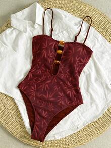 Bikinx Women's Summer Boho Vacation Halter Scooper Fabric One-Piece Swimsuit - Redwood - View 3