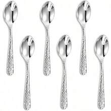 KEAWELL - Cucharas expreso de demitasse martilladas de alta calidad: juego de 6 piezas tamaño pequeño acero inoxidable 18/10 pulido con espejo brillante apto para lavaplatos 6 4.4 pulgadas - Plateado - Ver 1