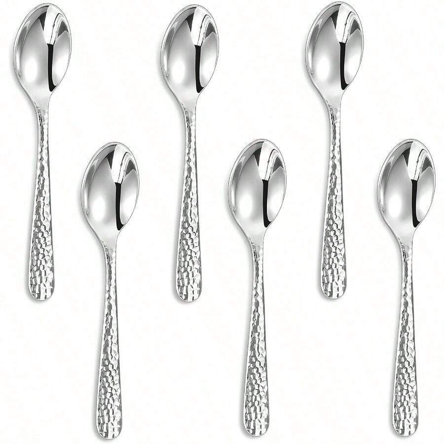 KEAWELL - Cucharas expreso de demitasse martilladas de alta calidad: juego de 6 piezas tamaño pequeño acero inoxidable 18/10 pulido con espejo brillante apto para lavaplatos 6 4.4 pulgadas - Plateado - Ver 1