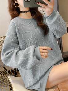 女士字母压纹圆领落肩长袖休闲宽松毛衣 - 灰色 - 查看 5