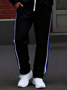 Men's Letter Print Contrast Color Full Zip Hoodie And Sweatpants Set