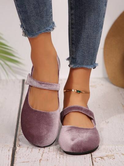 Plus Size 36-43 Spring/Autumn New Velvet Mary Jane Flats, Light Purple, Strap , Soft Bottom, Comfortable Ballet Flats For Daily, Work, Party Wear