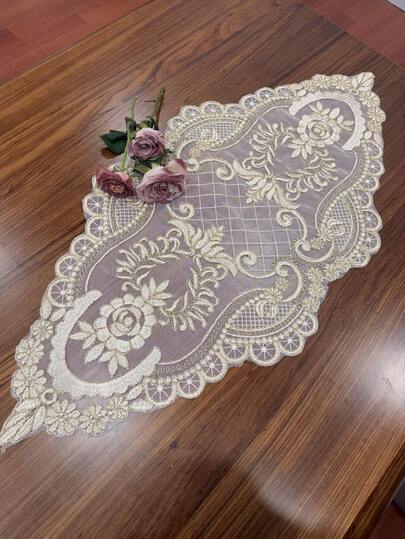 1pc Champagne Embroidered Mesh Table Runner, Elegant Romantic Mesh Embroidery Suitable For Bedside Cabinet, Sideboard, Vanity, Dining Table, Coffee Table, Everyday Home Decor And Wedding Party Holiday