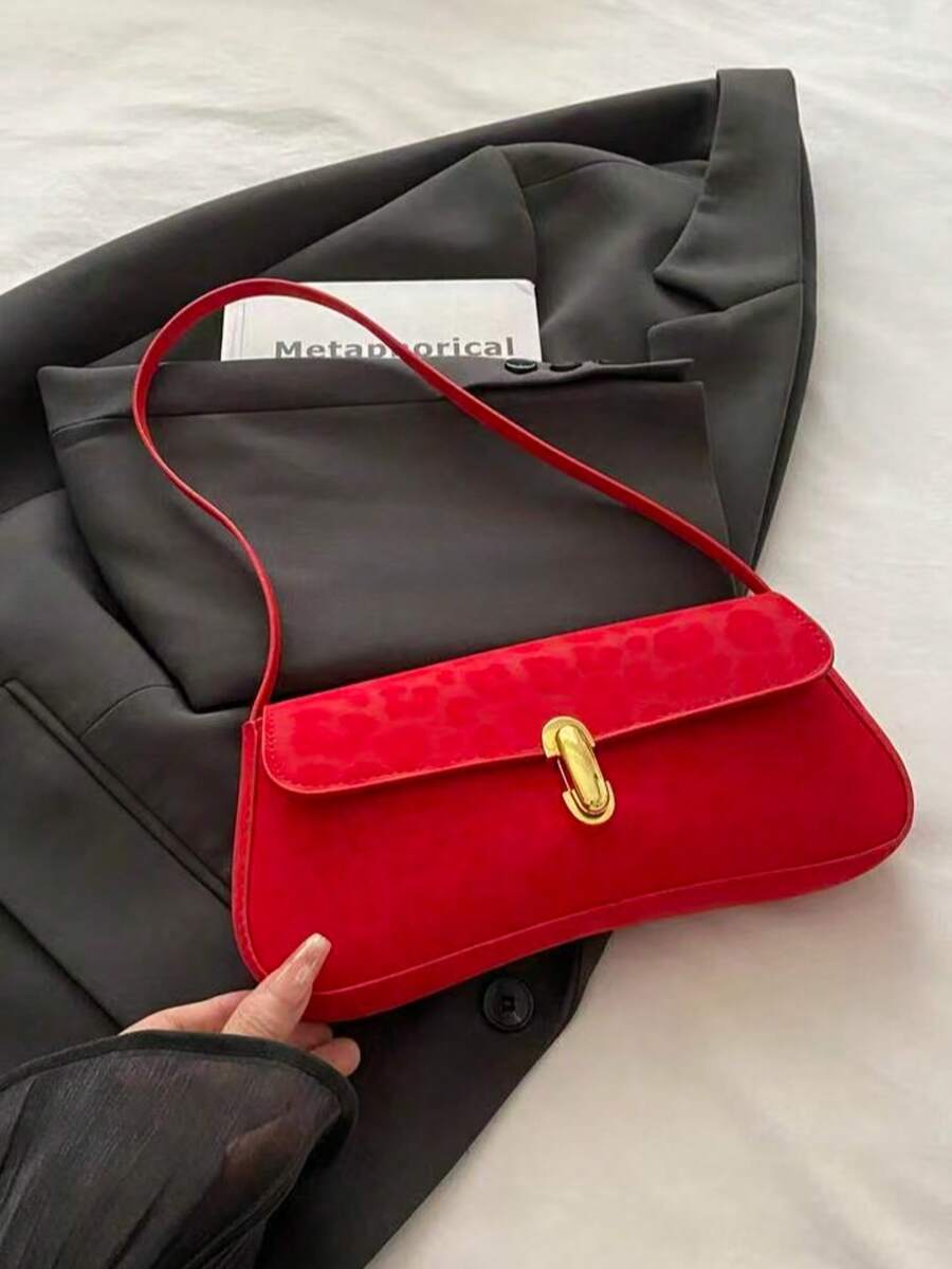Bolso de hombro con solapa de piel sintética retro para mujer, adecuado para citas, salidas, fiestas y otras ocasiones - Rojo - Ver 1