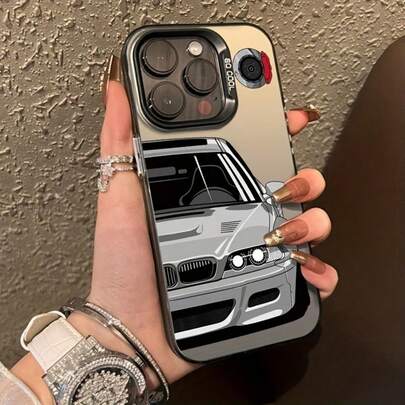1pc White Car & Wheel Laser IMD Soft Edge Hard Back Phone Case, Compatible With IPhone 17 16 15 14 13 12 11 XS XR X 8 7 Plus Pro Max Series, Holiday Gift, Birthday, Girlfriend, Boyfriend, Friend Or Yourself