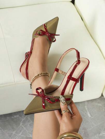 Women's High Heel Pumps, Fashion New French Style Contrast Color Bowknot Pointed Toe Elegant Stiletto Sandals, Spring/Autumn
