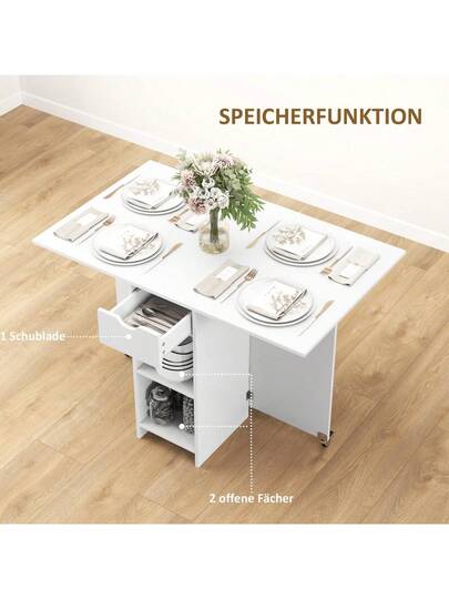 HOMCOM Folding Dining Table, Mobile Kitchen Tafel People Open Shelves, Drawer, Small Spaces, 114.5 70 75, Wit view 10
