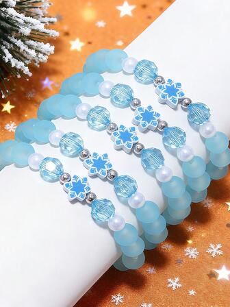 5pcs Christmas Snowflake Polymer Clay Beaded Bracelet Wristband Jewelry, Suitable For Girls To Wear On Holidays, Birthdays, Parties