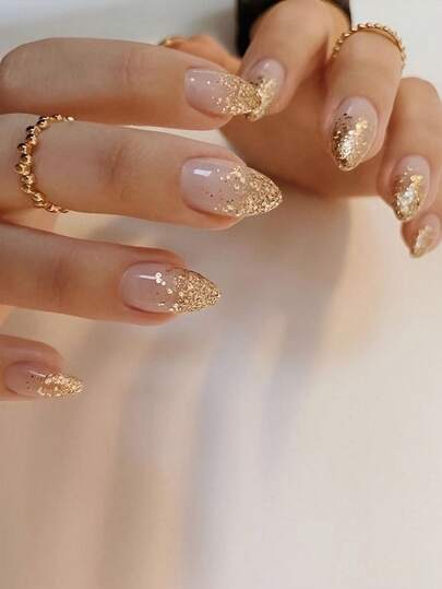 30 piezas de uñas postizas cortas de almendra con puntas francesas de estilo otoñal, uñas rosas Y2K, uñas de moda con degradado y estampado de lentejuelas y brillo, estilo simple, reutilizables, uñas acrílicas postizas, suministros de uñas falsas, incluye 24 piezas de pestañas de gelatina y una lima mini