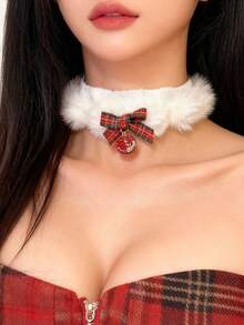 1pc Elegant Fluffy White Choker Necklace With Bowknot & Bell Pendant, Chic Collar Necklace For Women, Autumn/Winter - Bow and Bell - View 11